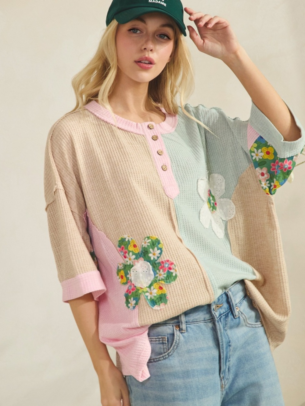 Sage + Fig Pastel Color Block Floral Patchwork Waffle Henley Short Sleeve Top
